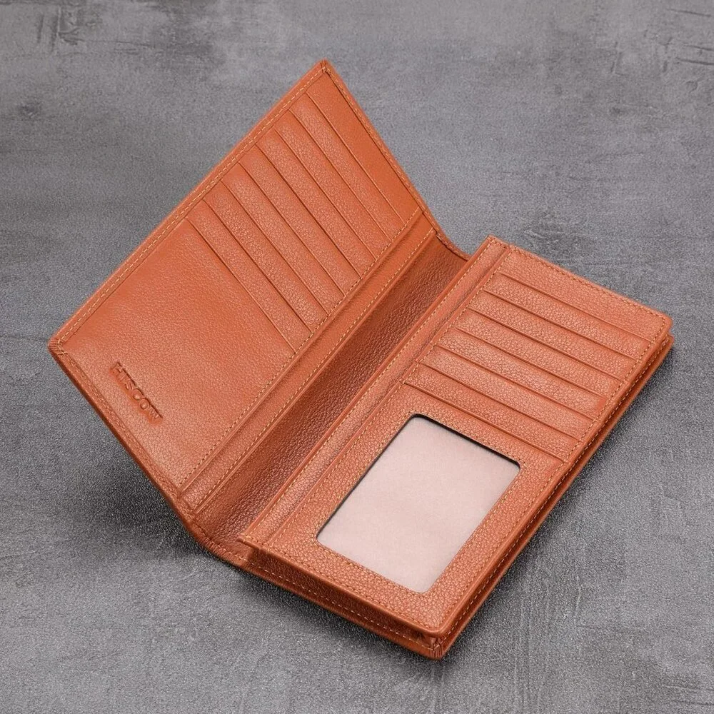 Men's Dark Tan Full Grain Leather Long Bifold Wallet Credit Card Slots Style
